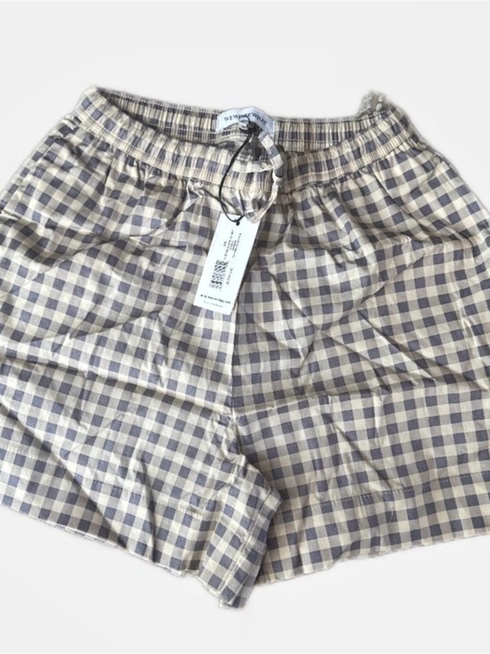We Wore What Cream and Gray Gingham Cotton pull on boxer drawstring shorts XS